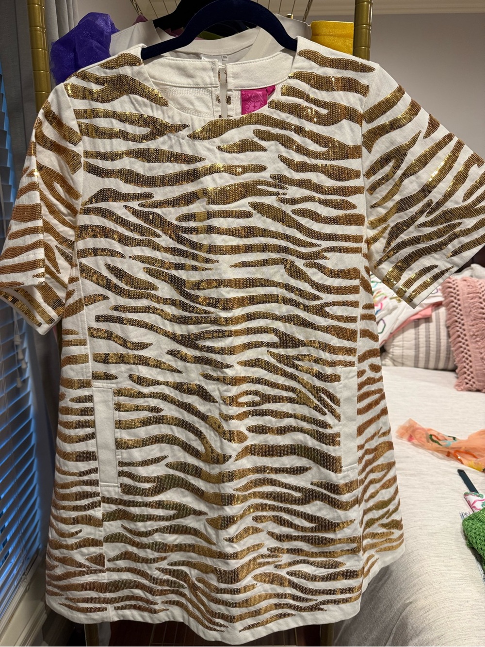 QUEEN OF SPARKLES White and Gold Zebra-Print Mini Dress